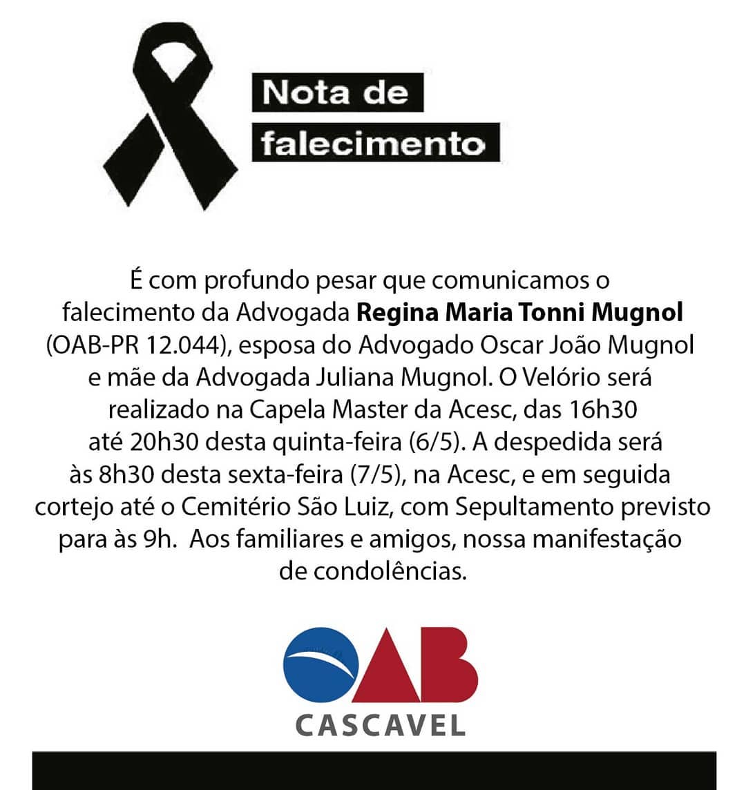 NOTA DE FALECIMENTO DA ADVOGADA REGINA MARIA TONNI MUGNOL